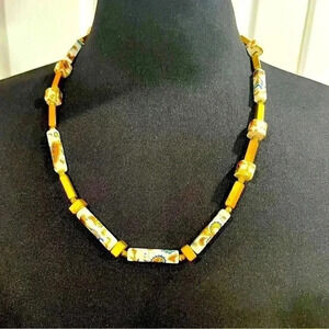 Vintage ceramic paisley bead and gold block style bead necklace.  80’s